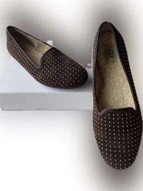 UGG Women's Dark Brown Suede Slip-On Loafers with Gold Studs Shearling Interior